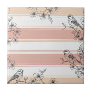 Peach Stripe Floral Bird Elegant (4) Tile