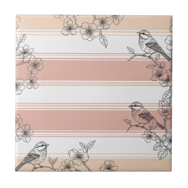 Peach Stripe Floral Bird Elegant (4) Tile (Front)