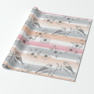 Peach Stripe Floral Bird Elegant (4) Wrapping Paper