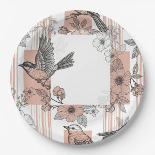 Peach Stripe Floral Bird Elegant (5) Paper Plate