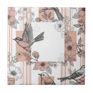 Peach Stripe Floral Bird Elegant (5) Tile