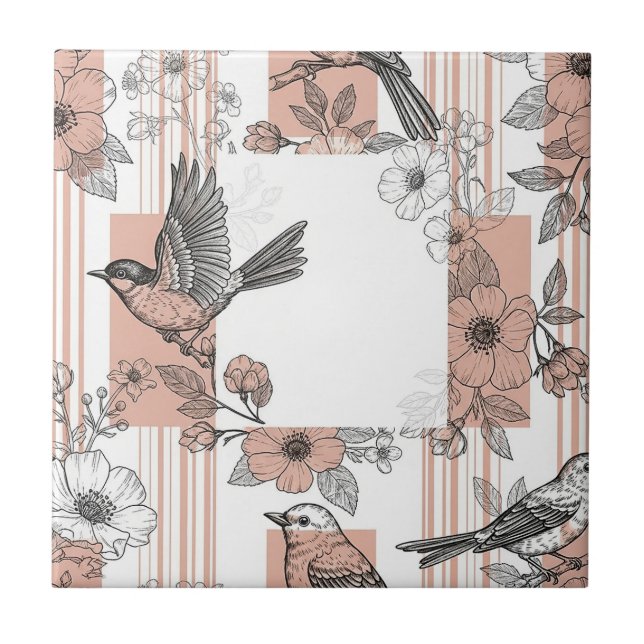 Peach Stripe Floral Bird Elegant (5) Tile (Front)