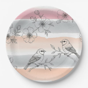 Peach Stripe Floral Bird Elegant (6) Paper Plate