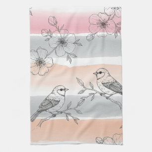Peach Stripe Floral Bird Elegant (6) Tea Towel