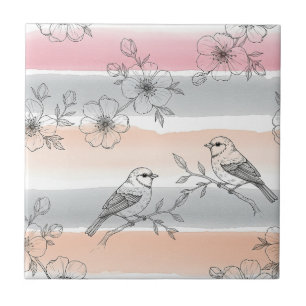 Peach Stripe Floral Bird Elegant (6) Tile