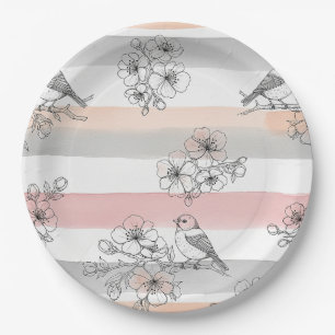 Peach Stripe Floral Bird Elegant (7) Paper Plate