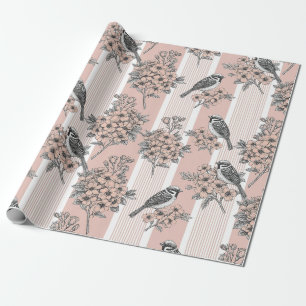 Peach Stripe Floral Bird Elegant (7) Wrapping Paper