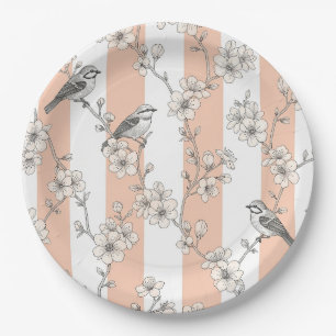 Peach Stripe Floral Bird Elegant (8) Paper Plate