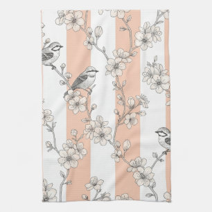 Peach Stripe Floral Bird Elegant (8) Tea Towel