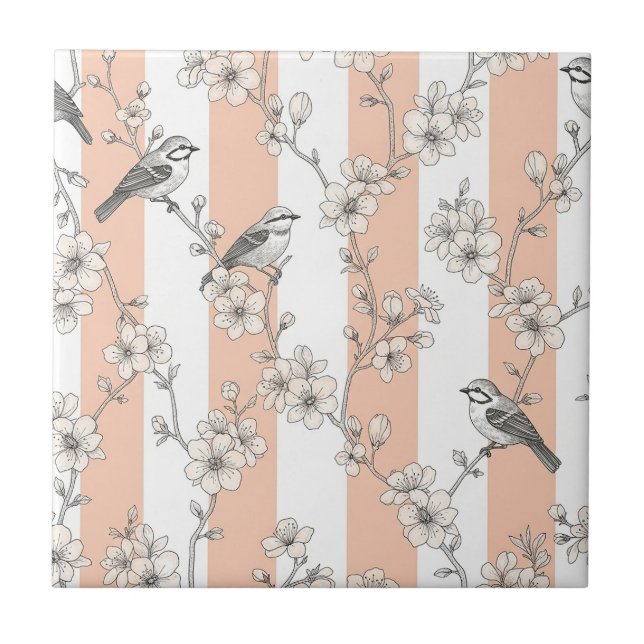 Peach Stripe Floral Bird Elegant (8) Tile (Front)