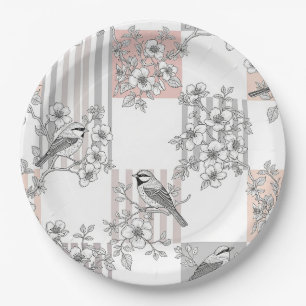 Peach Stripe Floral Bird Elegant (9) Paper Plate