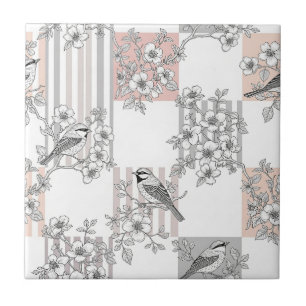 Peach Stripe Floral Bird Elegant (9) Tile