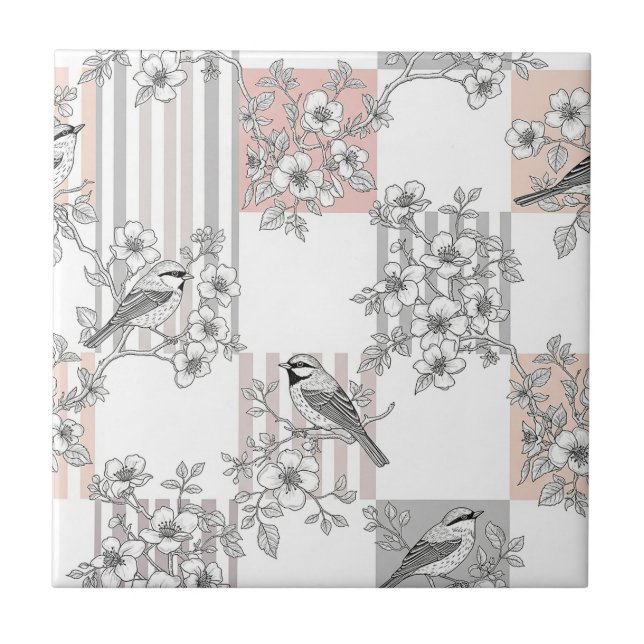 Peach Stripe Floral Bird Elegant (9) Tile (Front)