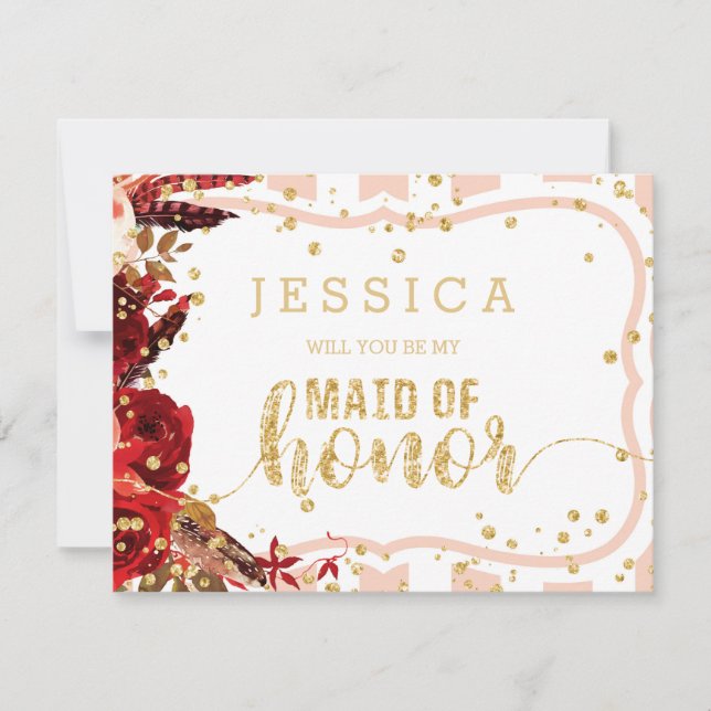 Peach Stripe Floral Will You Be My Maid of Honour Invitation (Front)
