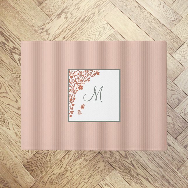 Peach Stripe Terracotta Butterfly Script Monogram Doormat (Creator Uploaded)