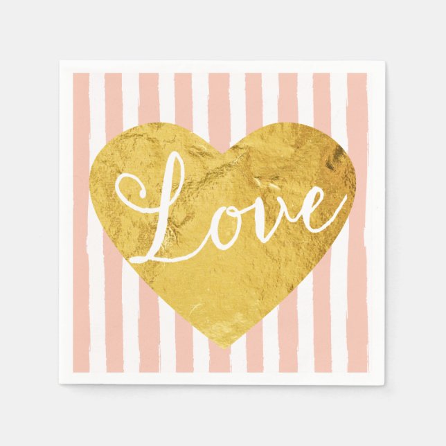 Peach Stripes Fake Gold Love Heart Cute Girly Napkin (Front)