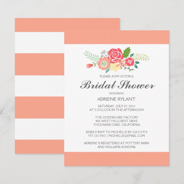 Peach Stripes Floral Bridal Shower Invitation (Front/Back)