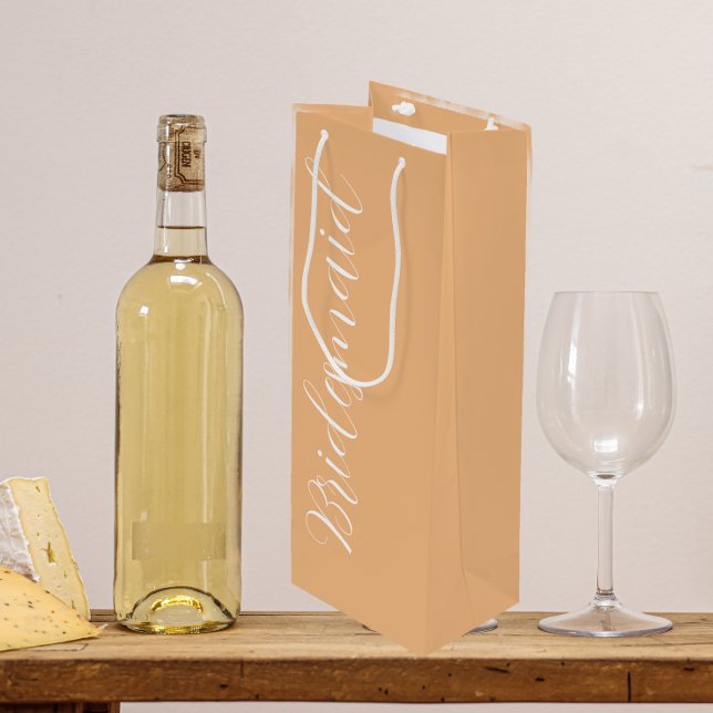 Peach Stylised Script Wedding Bridesmaid Wine Gift Bag (In Situ)