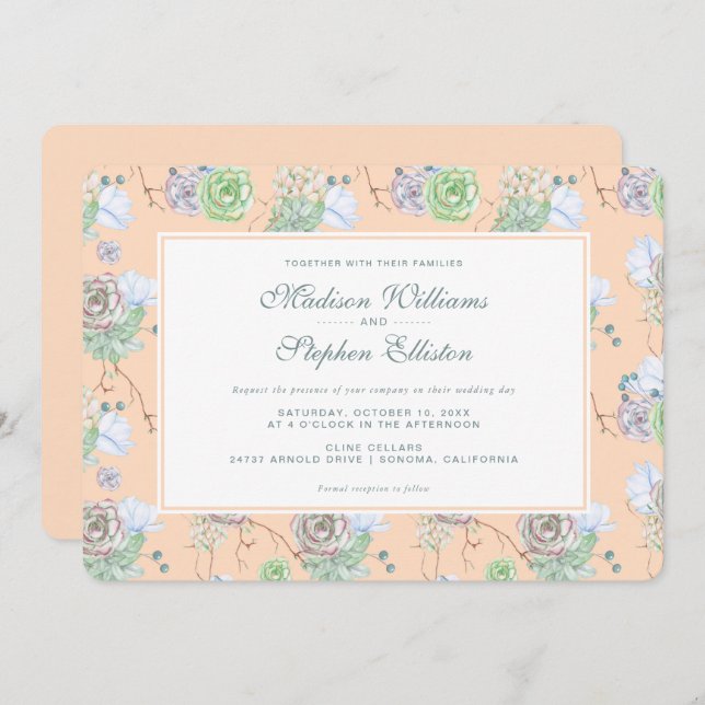 Peach Succulents Floral Watercolor - Wedding Invitation (Front/Back)