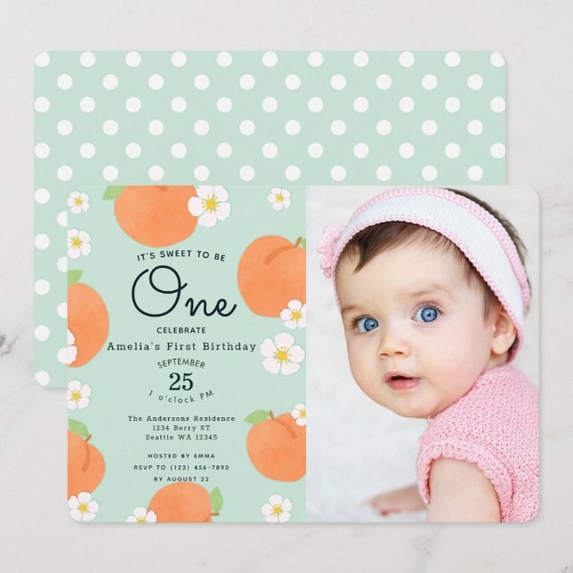 Peach Sweet to Be One 1st Birthday Photo Invitation (Front/Back)