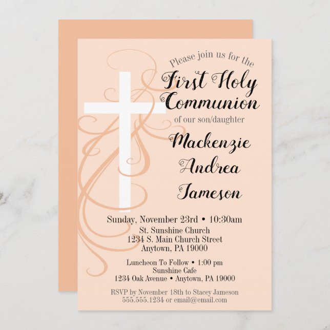 Peach Swirl Cross First Holy Communion Invitation (Front/Back)