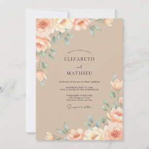 Peach Taupe Watercolor Floral Wedding Invitation