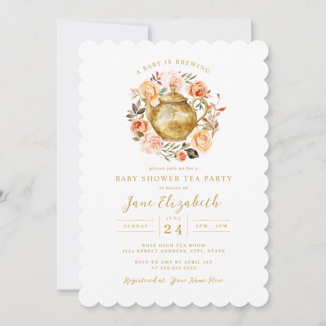 Peach Tea Party A Baby is Brewing Baby Shower  Invitation (Front)