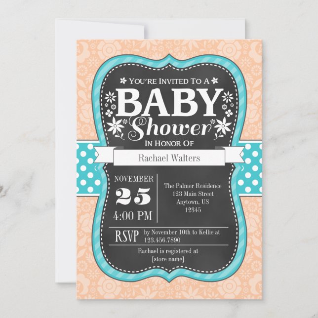 Peach Teal Chalkboard Floral Baby Shower Invite (Front)