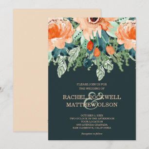 Peach Teal Floral Watercolor Wedding Invitations