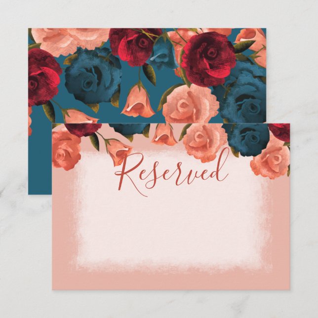 Peach Teal Green Burgundy Rose Wedding Reserved Card (Front/Back)