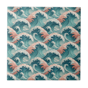 Peach & Teal Japanese Ocean Waves Seamless Pattern Tile