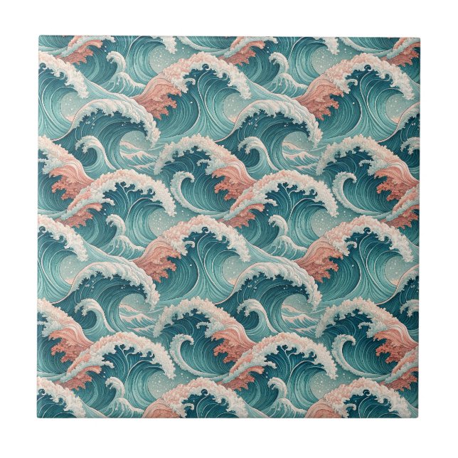 Peach & Teal Japanese Ocean Waves Seamless Pattern Tile (Front)