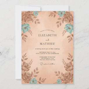 Peach Teal Painterly Vintage Wedding Invitation