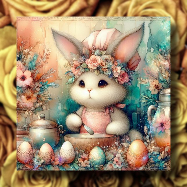 Peach Teal Watercolor Cute Chef Easter Bunny  Holiday Card (Creator Uploaded)