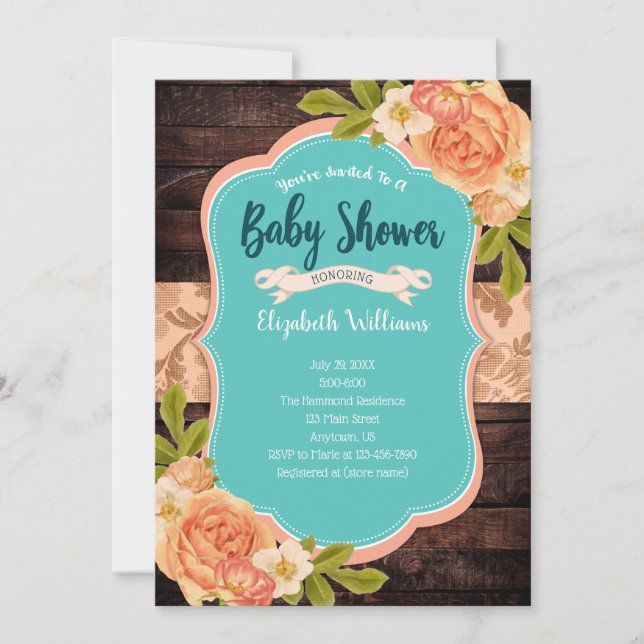 Peach Teal Wood Watercolor Flowers Baby Shower Invitation (Front)