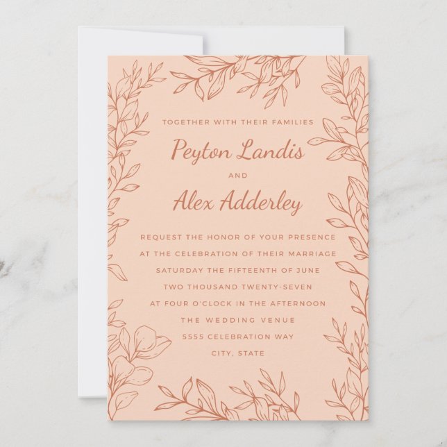 Peach Terracotta Botanical Line Art Wedding Invitation (Front)