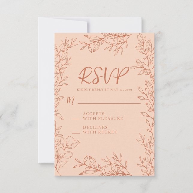 Peach Terracotta Botanical Line Art Wedding RSVP Card (Front)