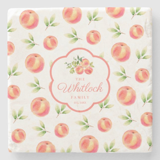 Peach Theme Personalised Family Name Stone Coaster (Front)