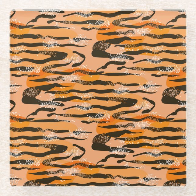 Peach Tiger Stripe Pattern Glass Coaster (Front)