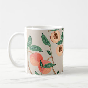 Peach tree branches with leaves and fruits on a li coffee mug