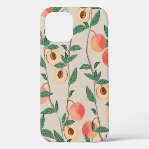 Peach tree branches with leaves and fruits on a li iPhone 12 case