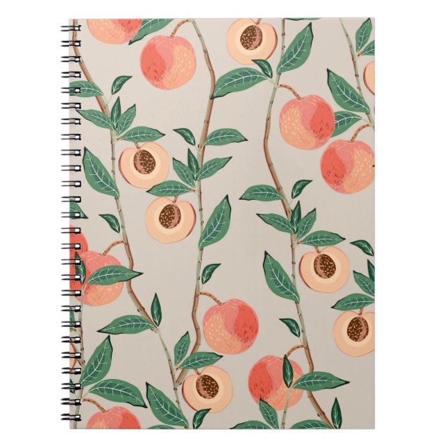 Peach tree branches with leaves and fruits on a li notebook (Front)