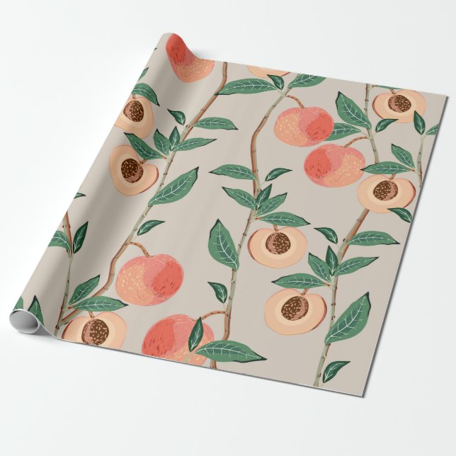 Peach tree branches with leaves and fruits on a li wrapping paper (Unrolled)
