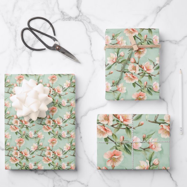 Peach Tree Flowers Floral Botanical Blossom Print Wrapping Paper Sheet (Front)