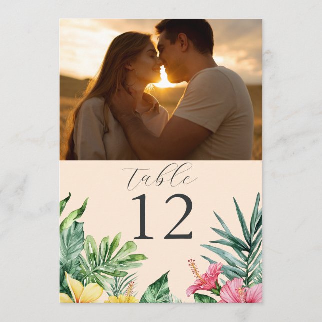 Peach Tropical Floral Photo Table Number (Front)