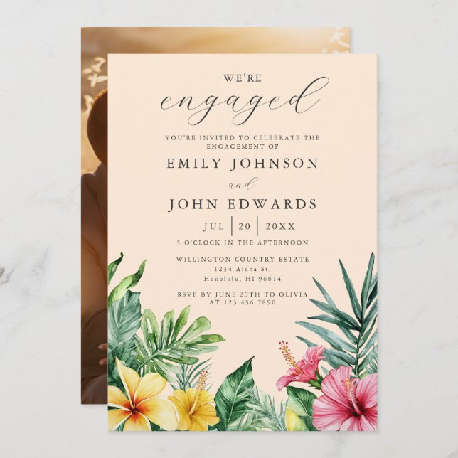 Peach Tropical Flowers Engagement Party Photo Invitation (Front/Back)