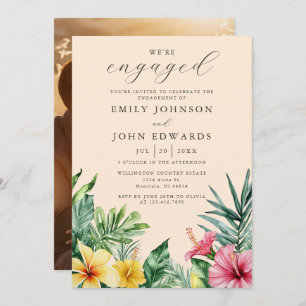 Peach Tropical Flowers Engagement Party Photo Invitation