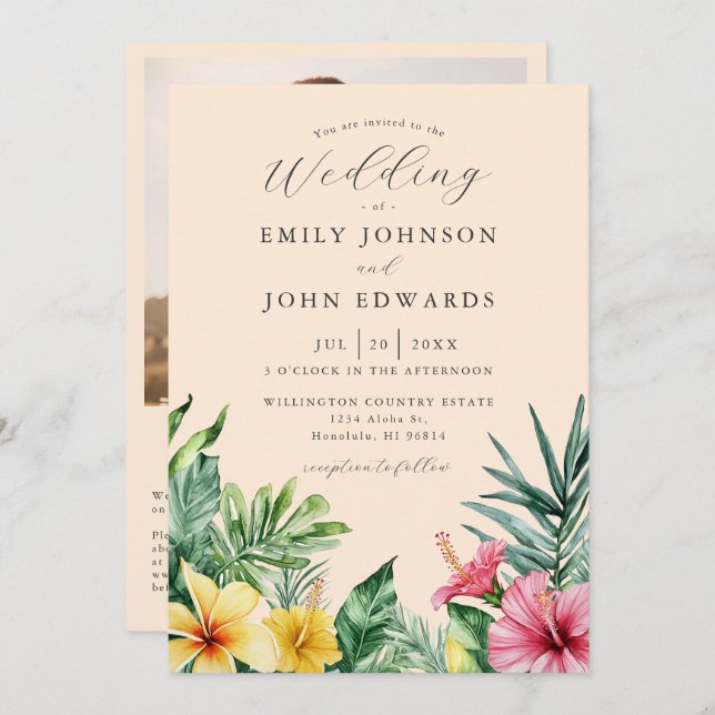 Peach Tropical Flowers Photo QR Code Wedding Invitation (Front/Back)