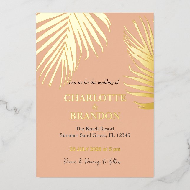 Peach Tropical Palm Leaf Wedding Gold  (Front)