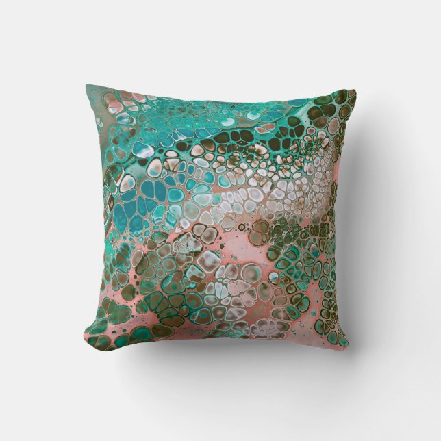 Peach & Turquoise Acrylic Pour Abstract Cushion (Front)